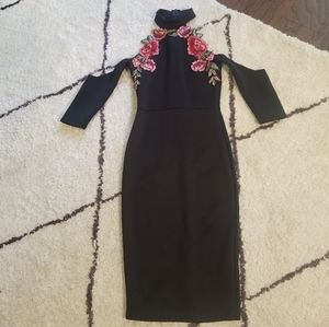 LBD Black Choker Rose Applique Cold Shoulder Fitted Dress S